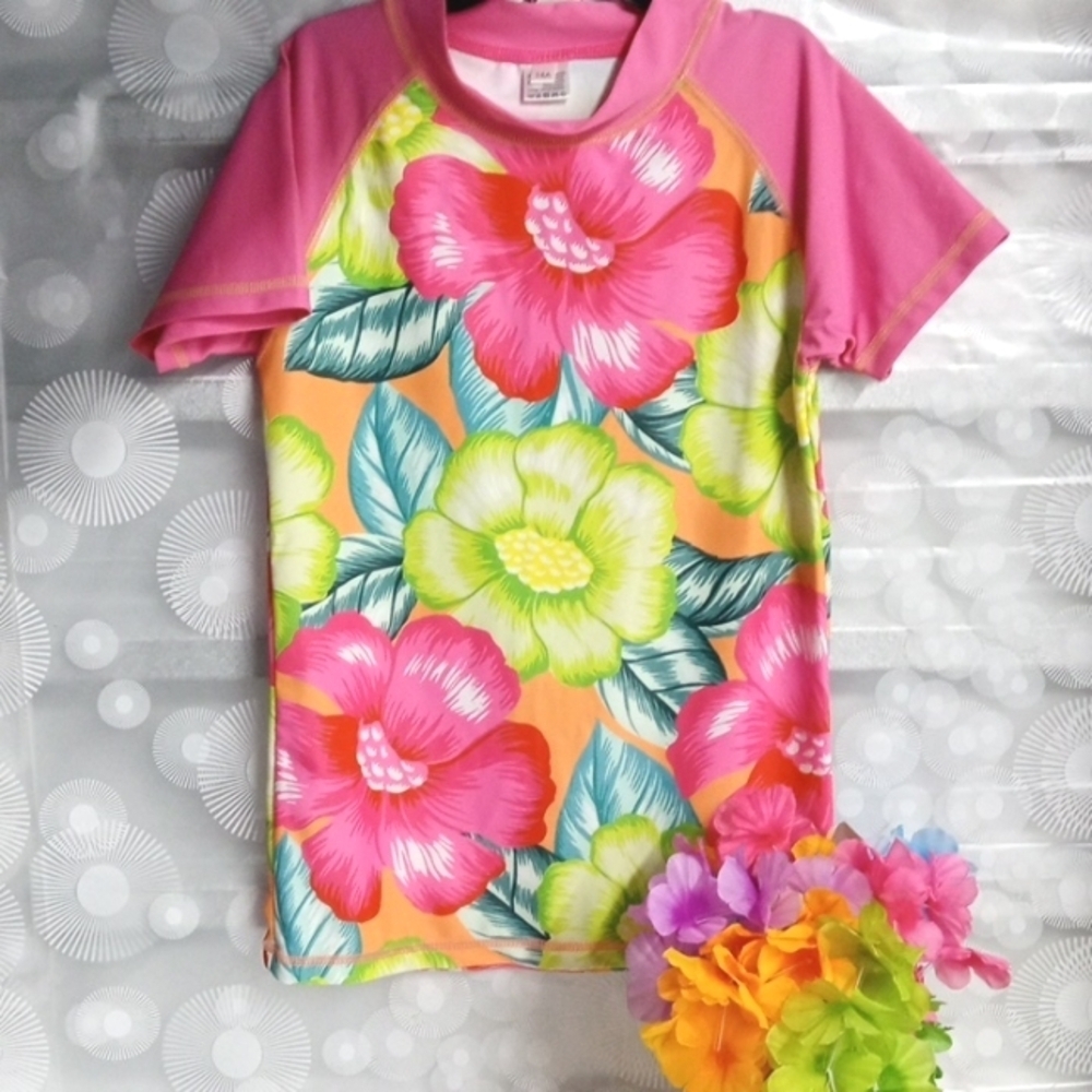 GIRLS PINK GREEN WHITE FLORAL TANKINI SWIM TOP SIZE 14 NWOT